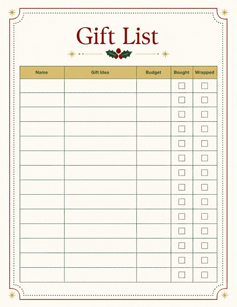 Christmas gift list printable page