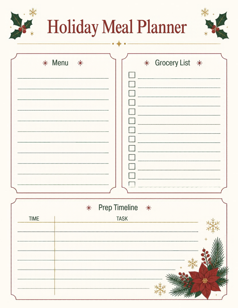 Holiday meal planner printable page
